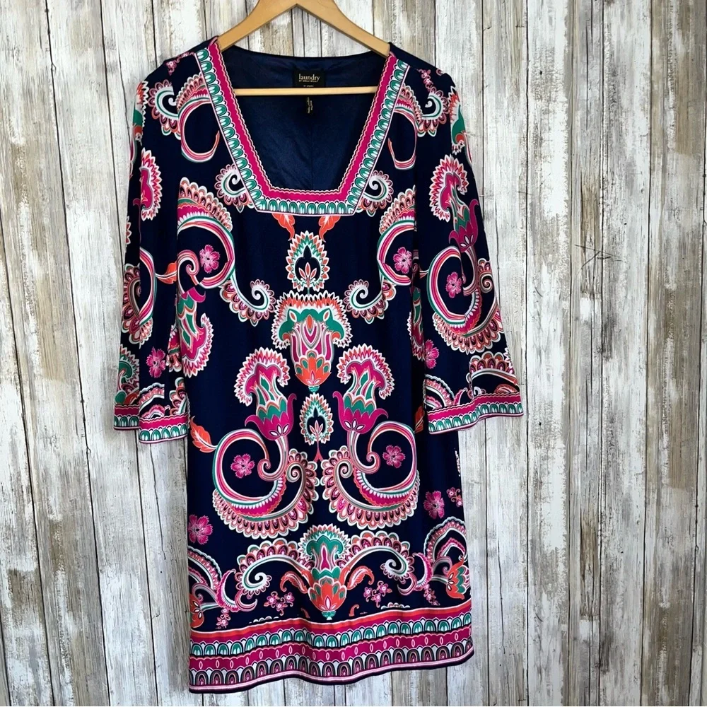 Laundry by Shelli Segal Square Neck Paisley Navy Dress Women’s 10 - Picture 2 of 7